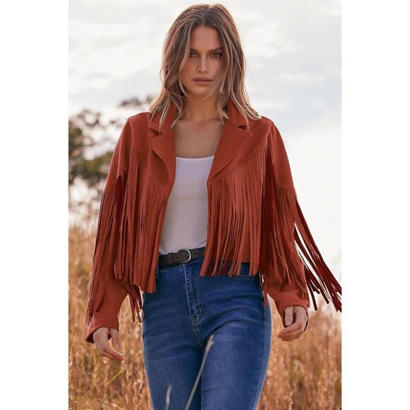 Women's  Brick Red Faux Suede Leather Tassel Motorcycle Cropped Jackets - Picture 5 of 9